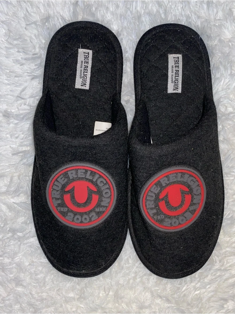 True Religion Mens Slippers Charcoal Gray Red Horseshoe Logo House Shoes Large